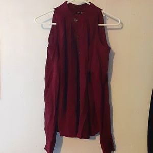 Long sleeve, open shoulder, blouse.